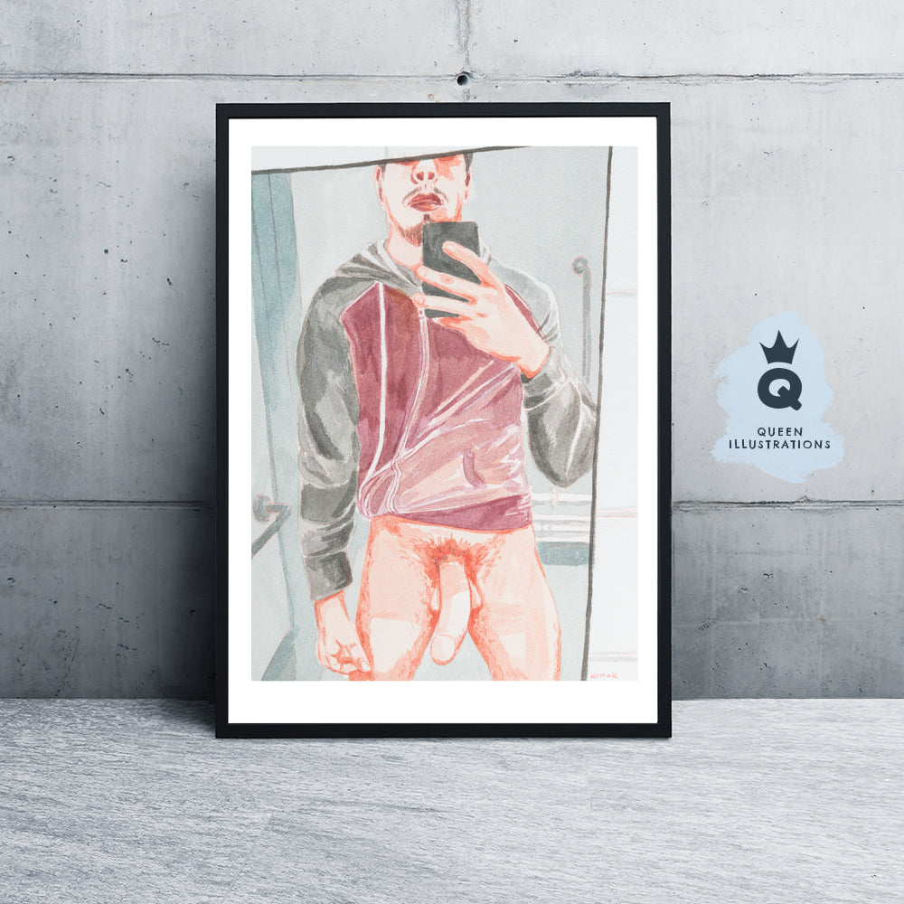 gay art, nude male body, watercolour painting, gay gift ideas, selfie in the mirror, big hard cock