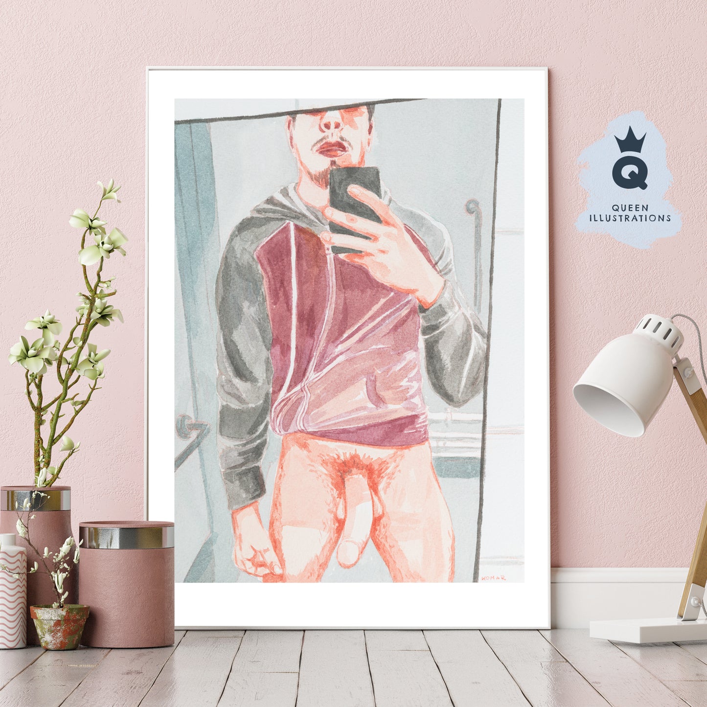 gay art, nude male body, watercolour painting, gay gift ideas, selfie in the mirror, big hard cock