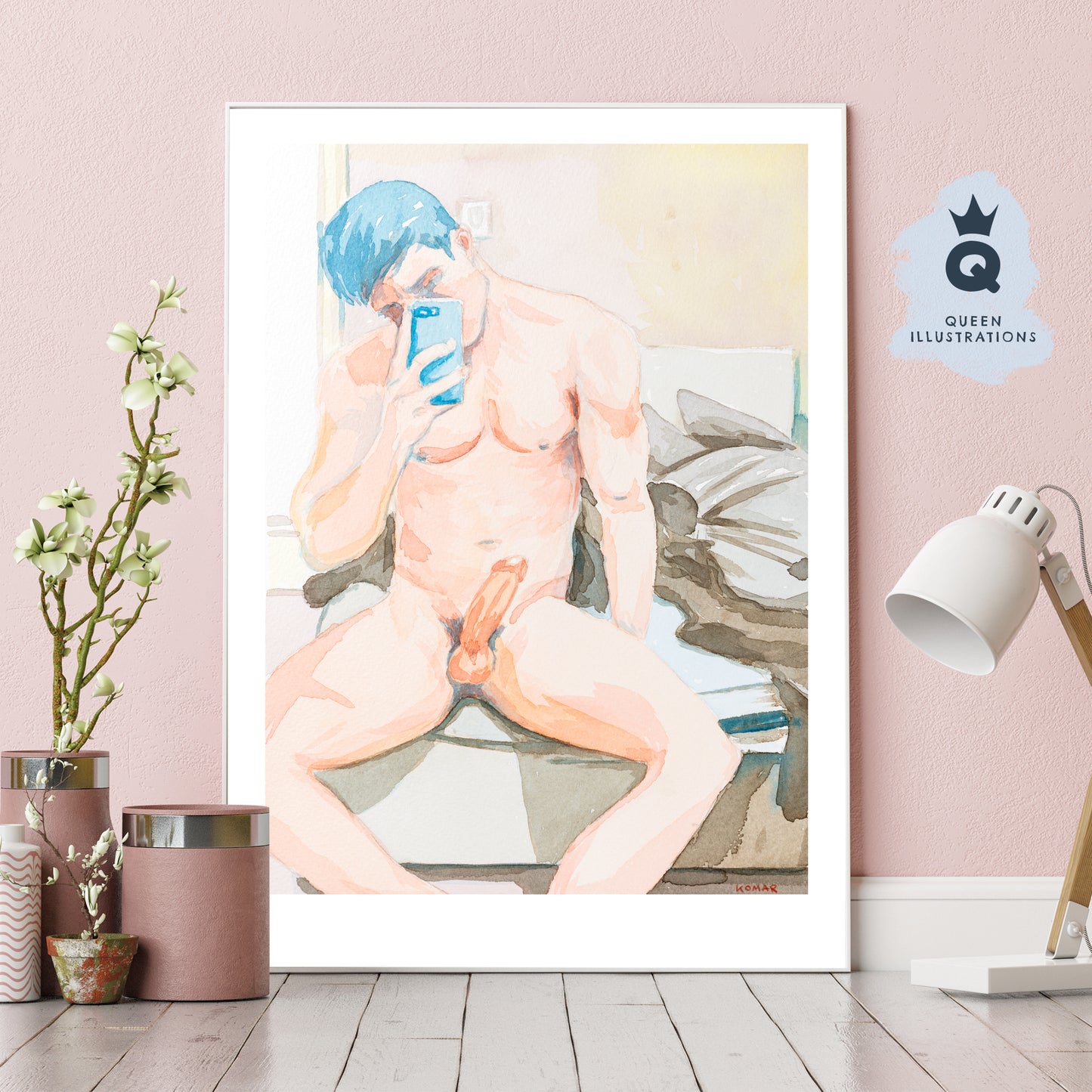 gay art, nude male body, watercolour painting, gay gift ideas, bedroom selfie, young guy, twink selfie