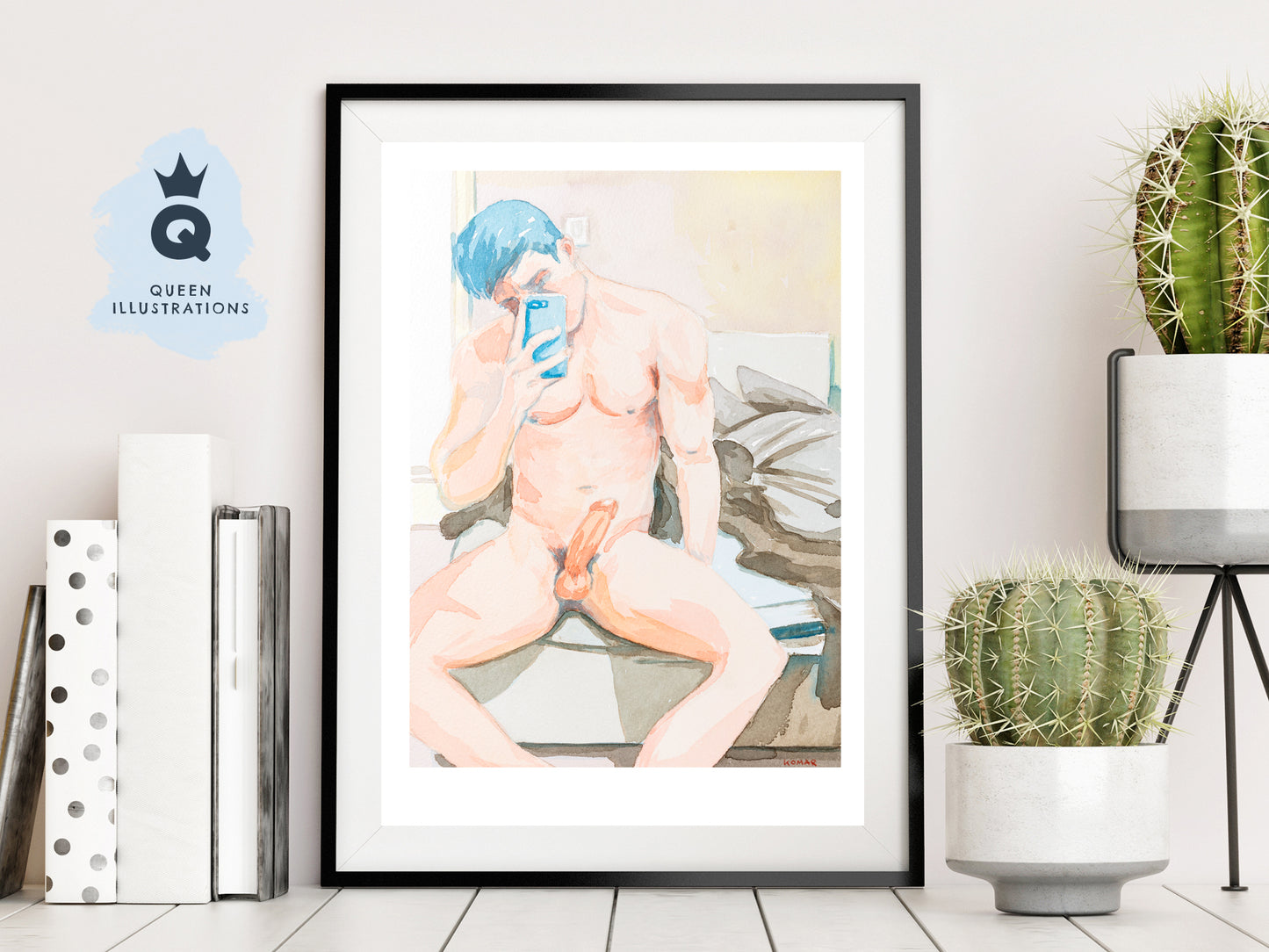 gay art, nude male body, watercolour painting, gay gift ideas, bedroom selfie, young guy, twink selfie