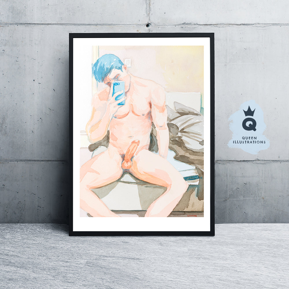 gay art, nude male body, watercolour painting, gay gift ideas, bedroom selfie, young guy, twink selfie