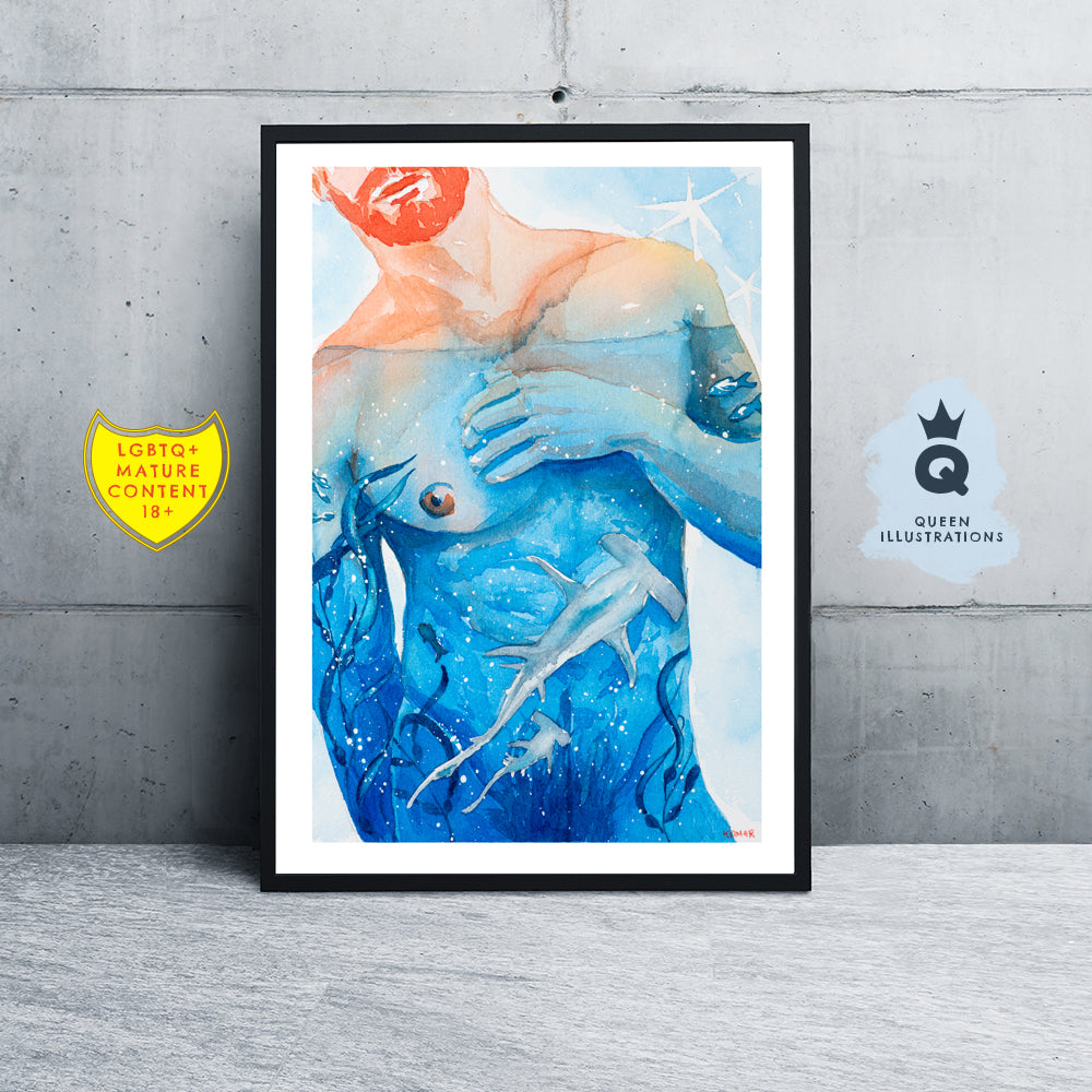 "SHARKS" - Naked man, Gay Art Print