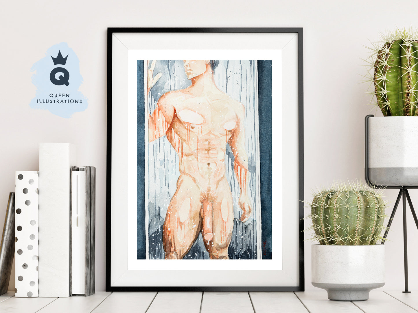 gay art, nude male body, watercolour painting, gay gift ideas, muscular guy in the shower, muscles, masculine naked hunk in the shower, big dick