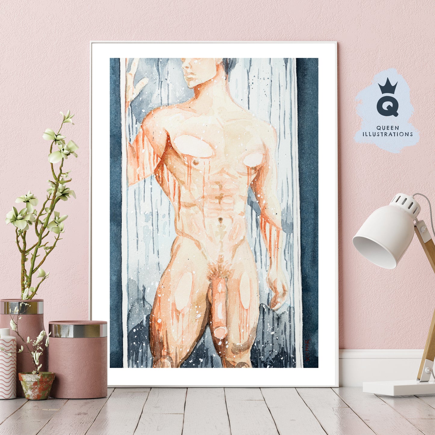 gay art, nude male body, watercolour painting, gay gift ideas, muscular guy in the shower, muscles, masculine naked hunk in the shower, big dick