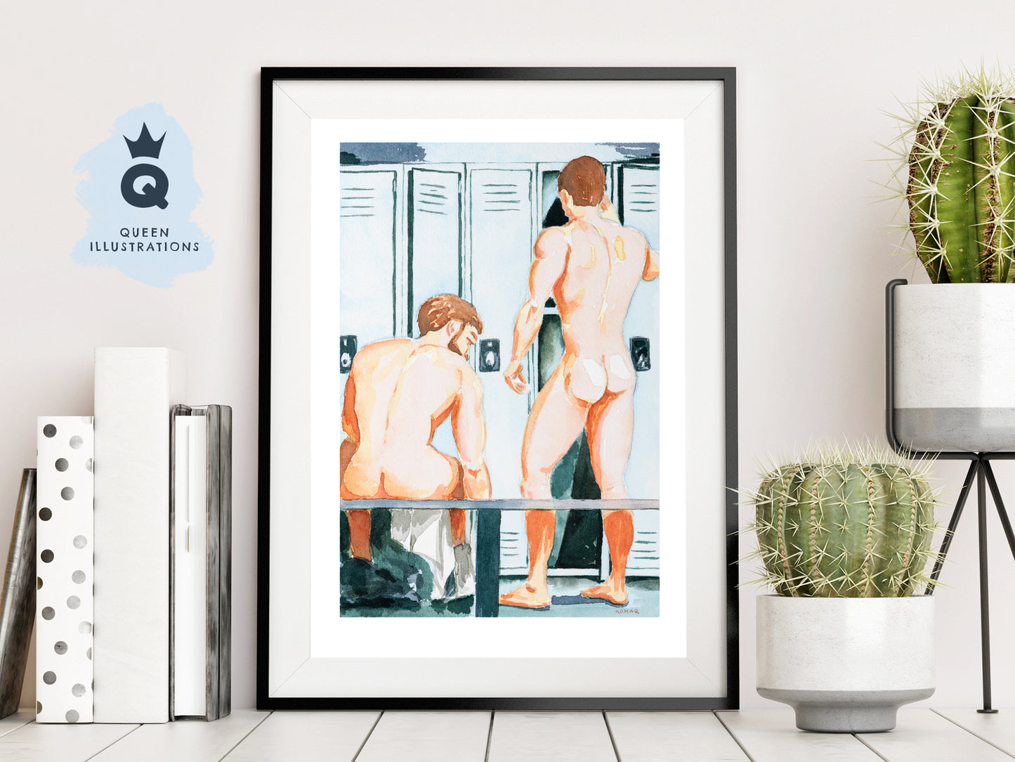 gay art, nude male body, watercolour painting, gay gift ideas, gym locker room, homoerotic art, fun in the locker room, gym