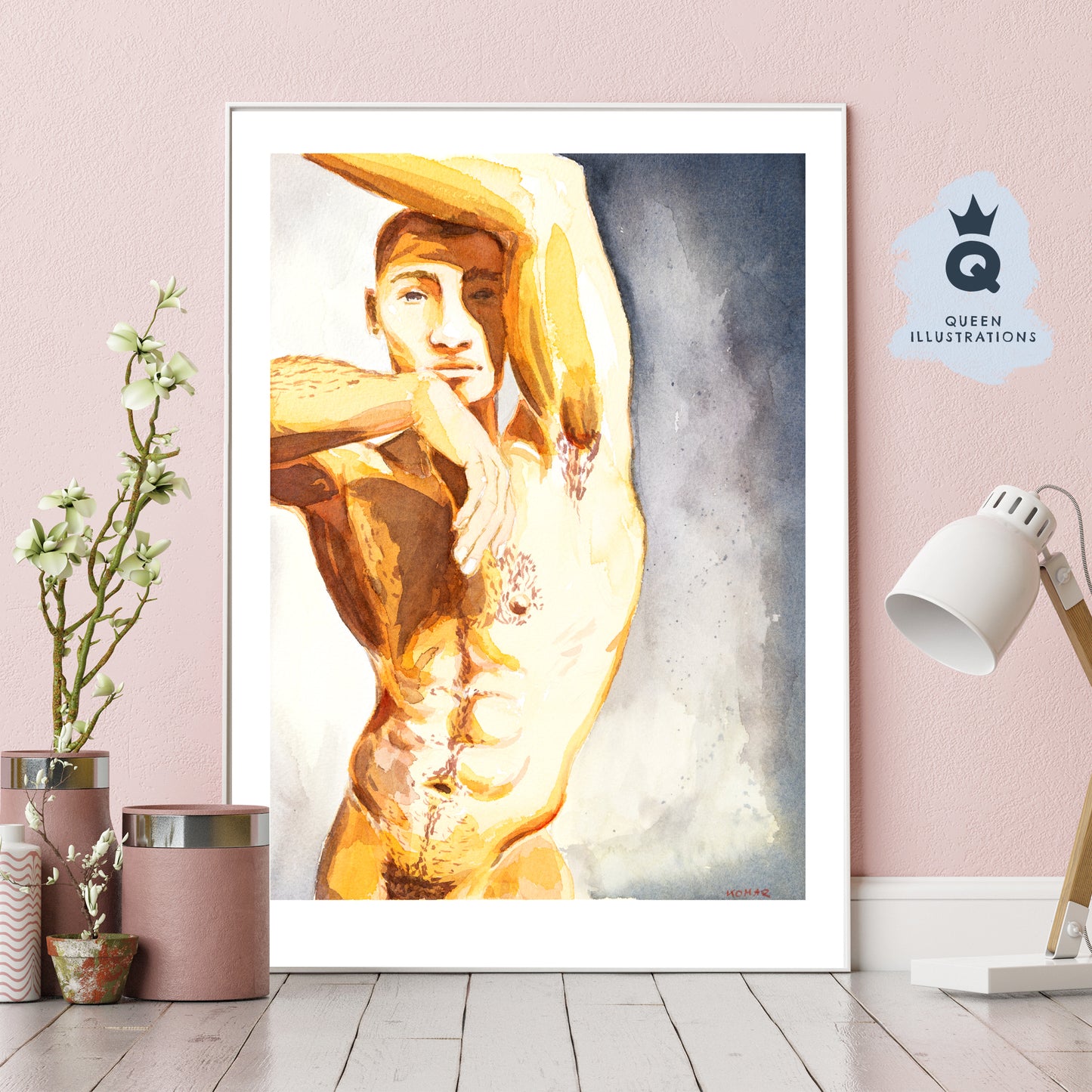 gay art, nude male body, watercolour painting, gay gift ideas,