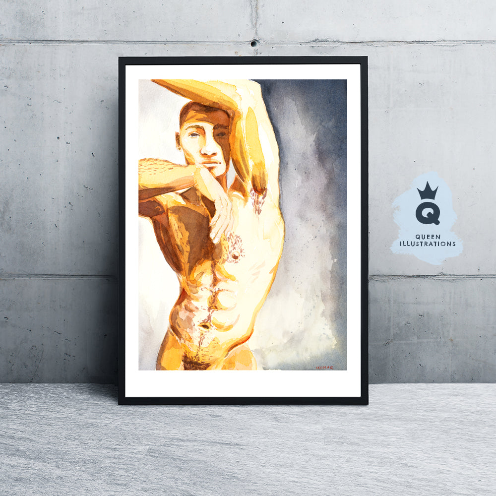 gay art, nude male body, watercolour painting, gay gift ideas,
