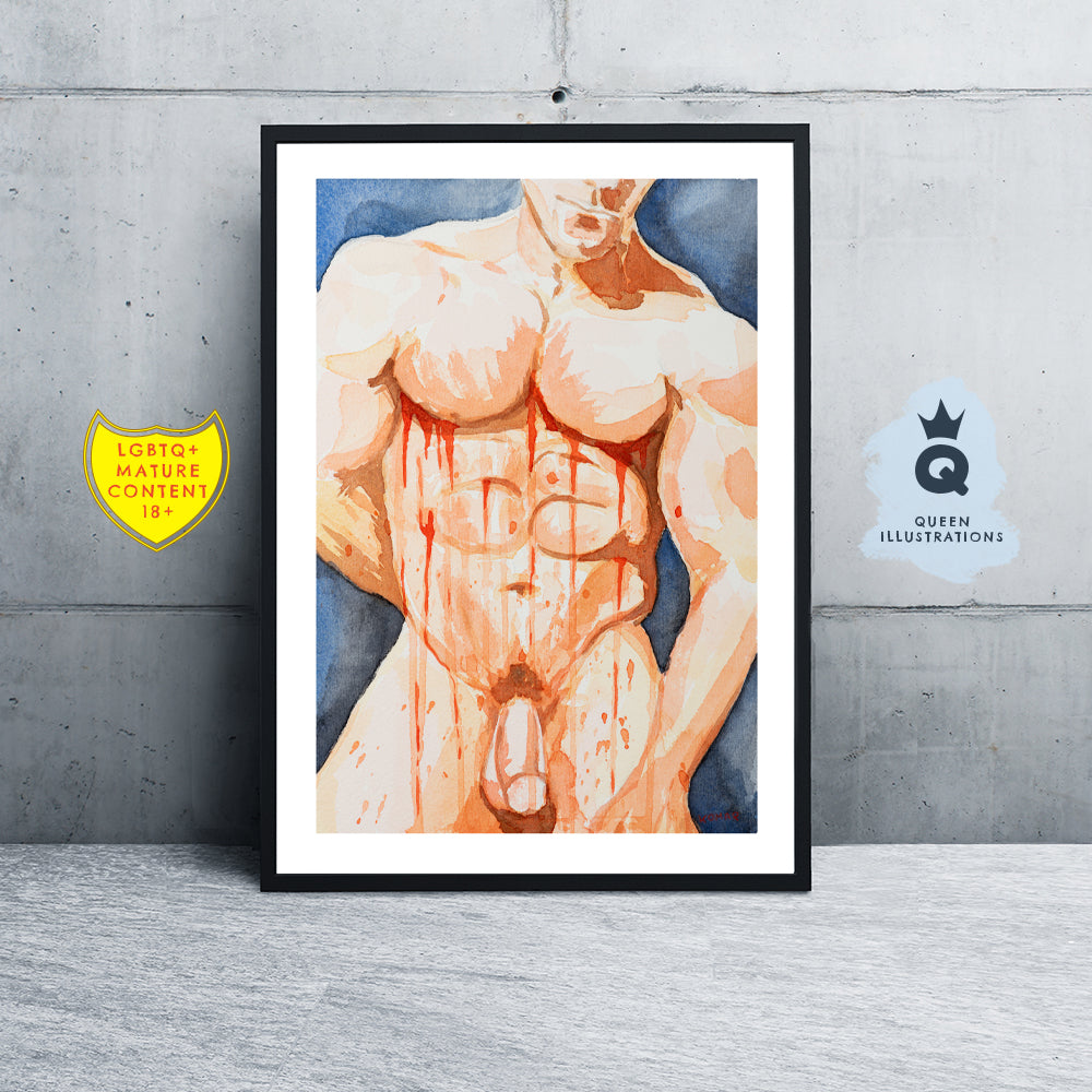 gay art, nude male body, watercolour painting, gay gift ideas,