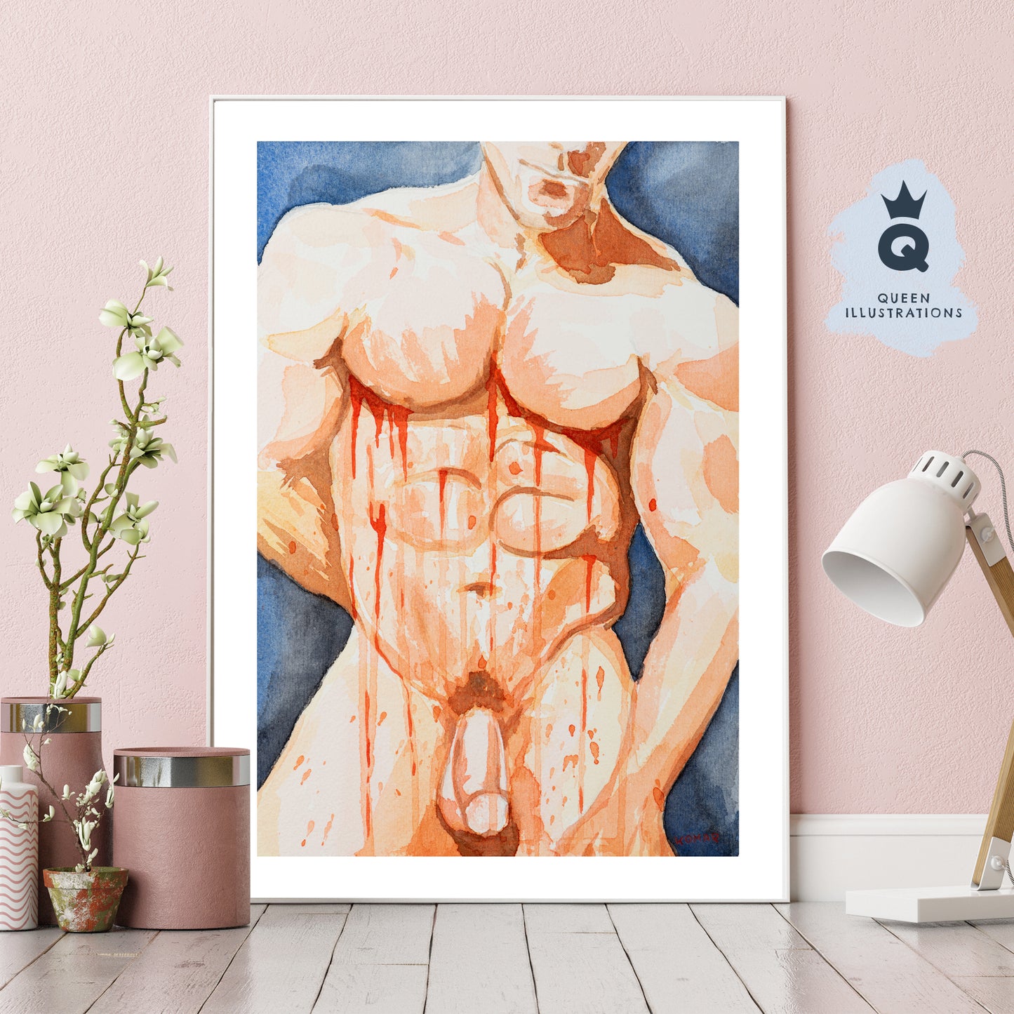 gay art, nude male body, watercolour painting, gay gift ideas,