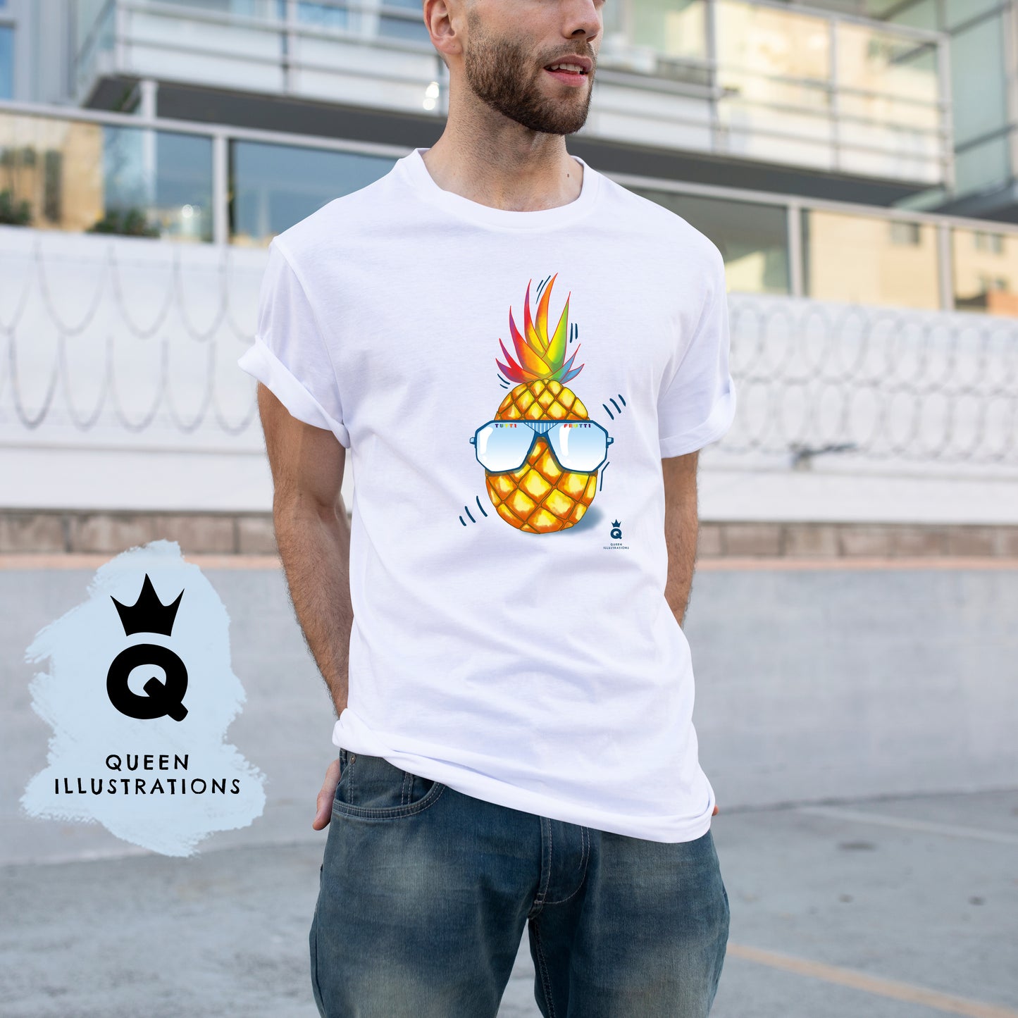gay pride outfit, gay T-shirt, gay art, pineapple rainbow