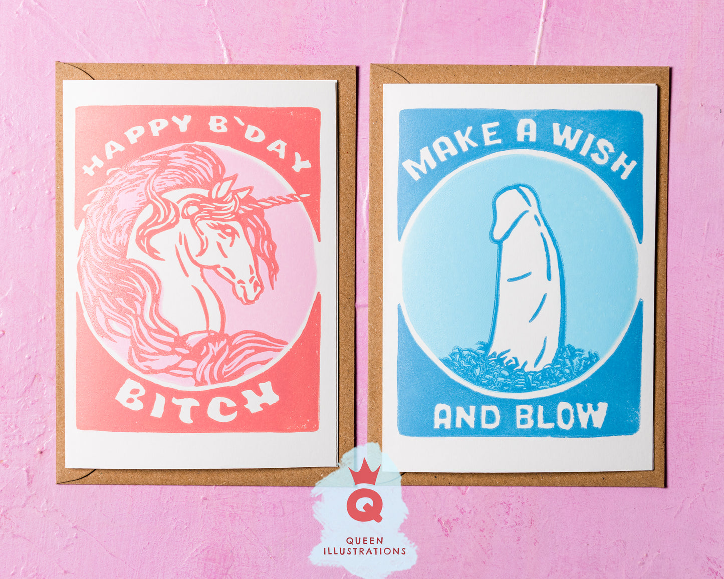 gay birthday cards, linocut print, hand made, funny cock and unicorn