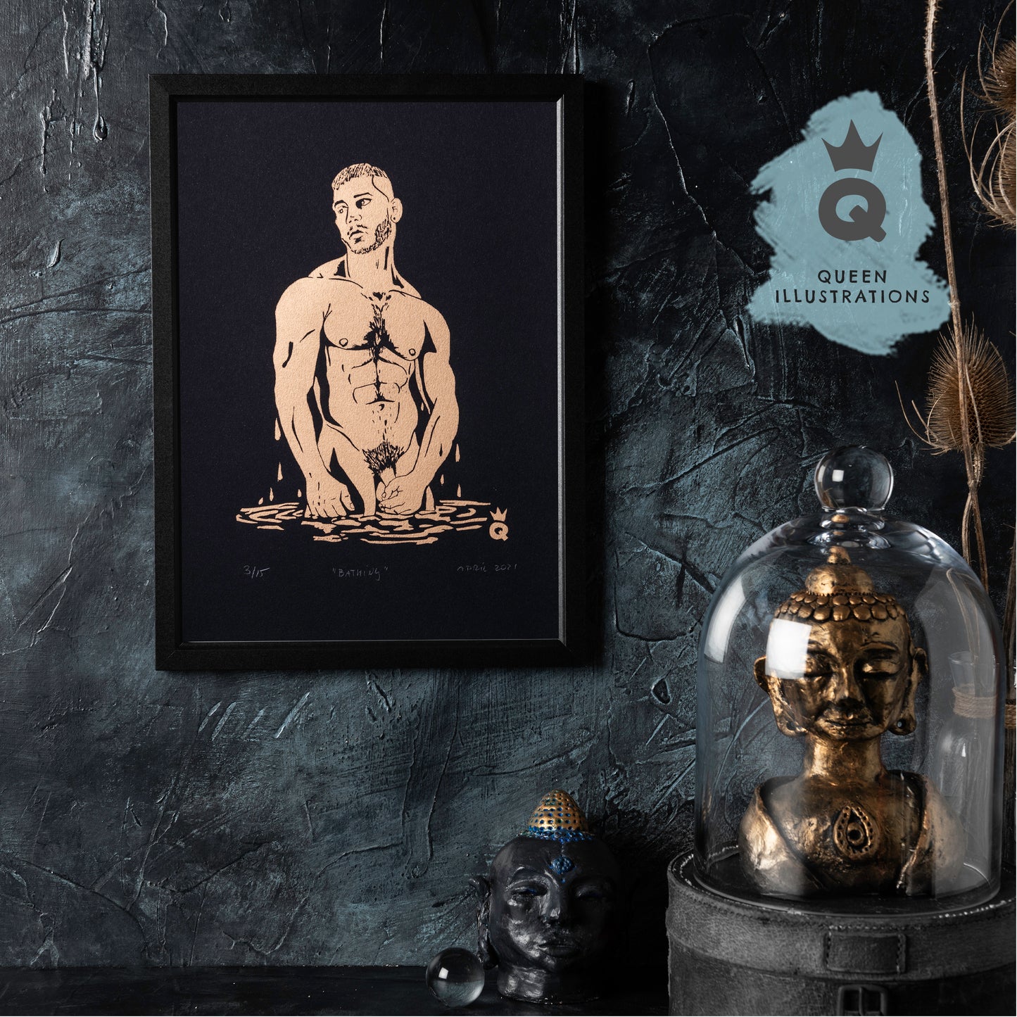 gay art, nude male body, traditional linocut print, gay gift ideas,
