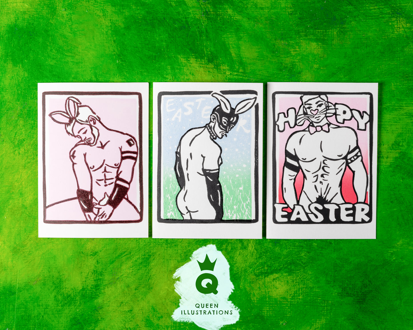 gay Easter bunny, sexy fetish erotic, naked guys as bunnies, traditional hand made linocut print