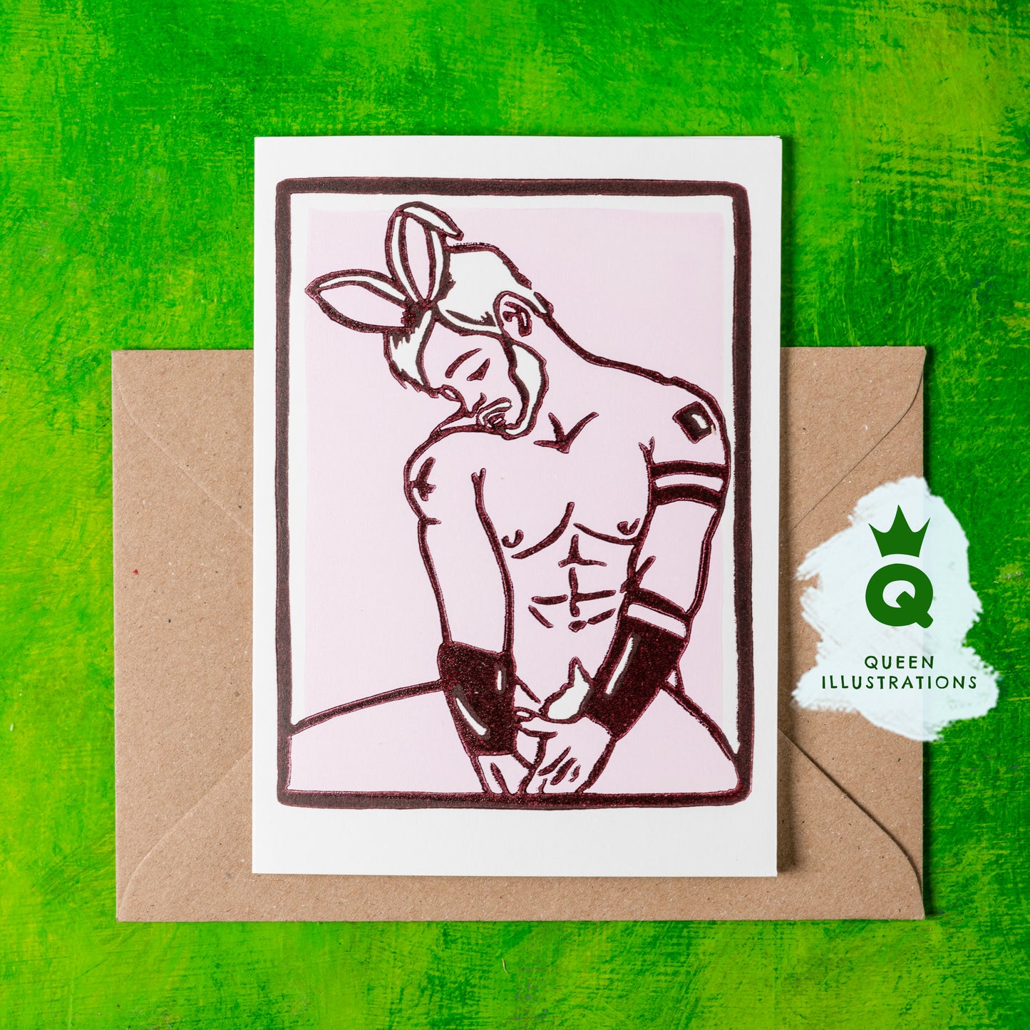 gay Easter bunny, sexy fetish erotic, naked guys as bunnies, traditional hand made linocut print