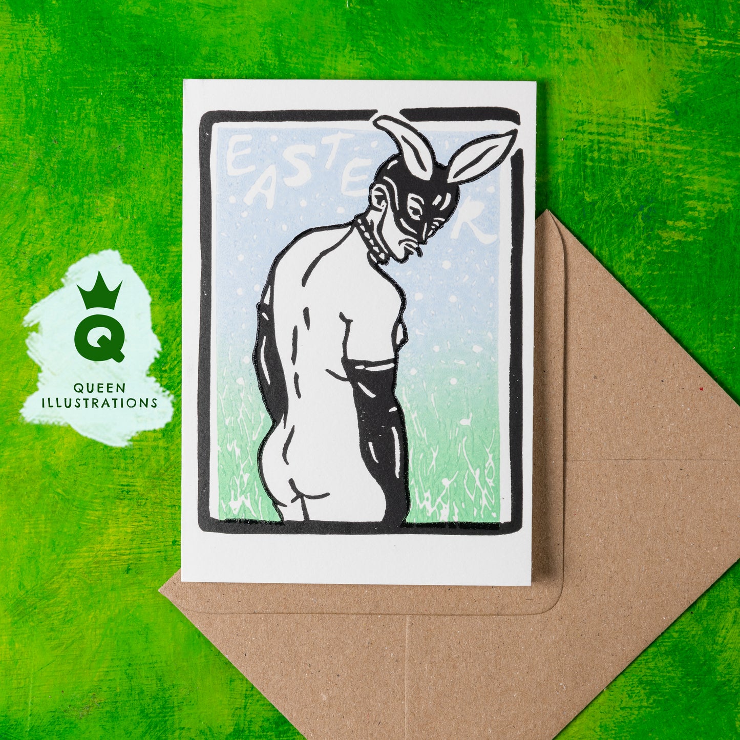 gay Easter bunny, sexy fetish erotic, naked guys as bunnies, traditional hand made linocut print
