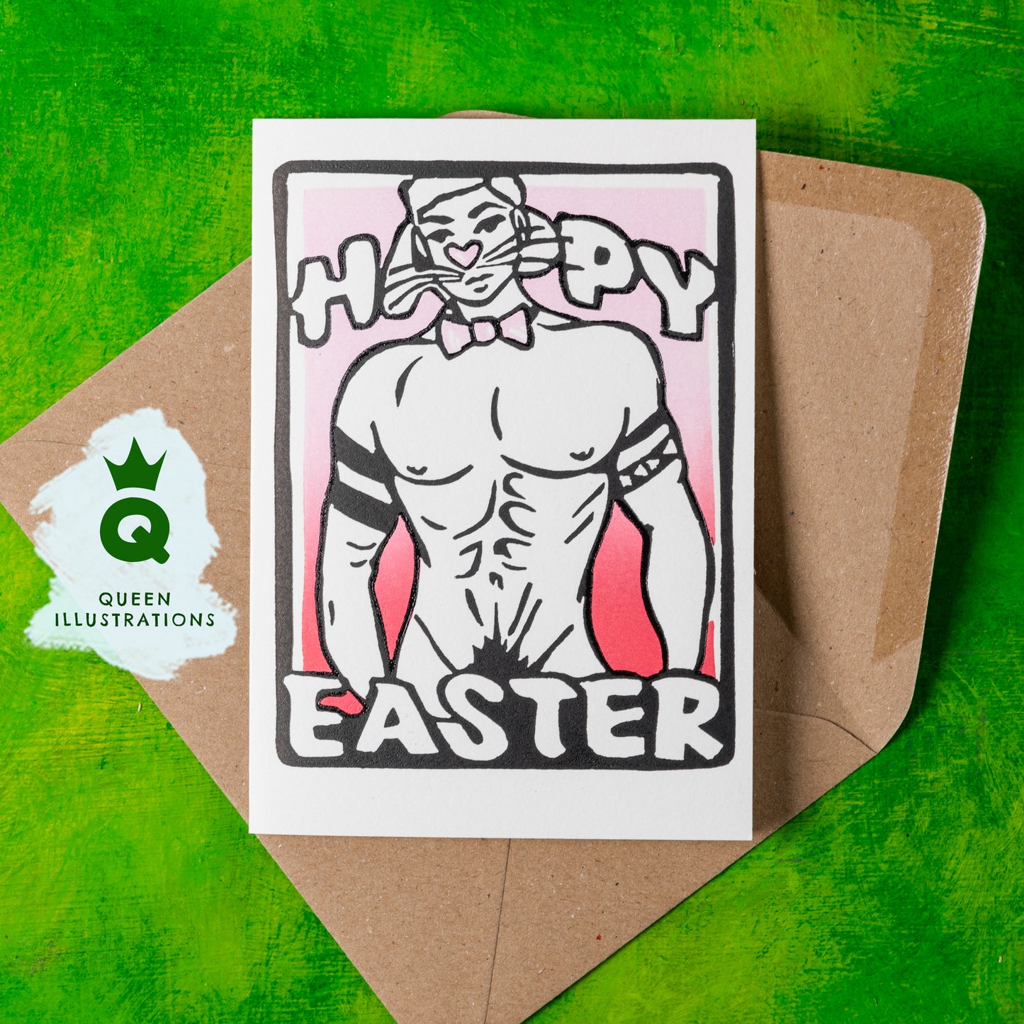 gay Easter bunny, sexy fetish erotic, naked guys as bunnies, traditional hand made linocut print