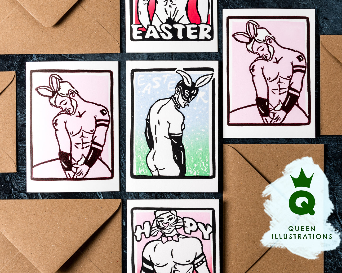 gay Easter bunny, sexy fetish erotic, naked guys as bunnies, traditional hand made linocut print