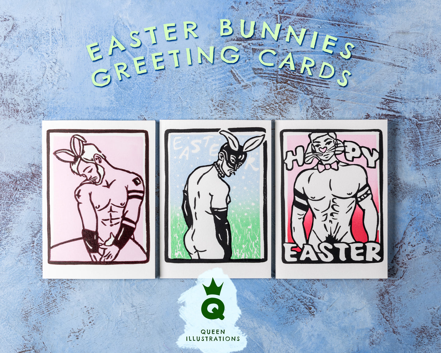 gay Easter bunny, sexy fetish erotic, naked guys as bunnies, traditional hand made linocut print