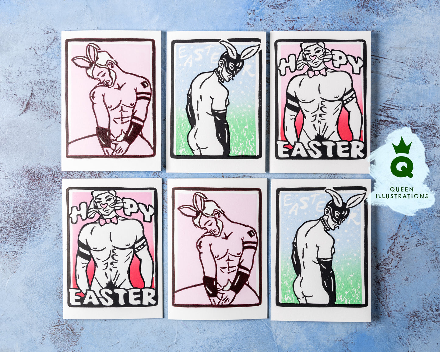 gay Easter bunny, sexy fetish erotic, naked guys as bunnies, traditional hand made linocut print
