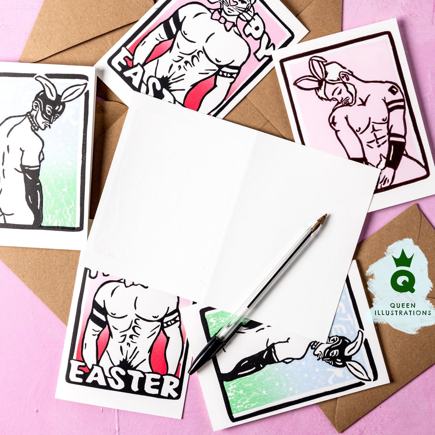 gay Easter bunny, sexy fetish erotic, naked guys as bunnies, traditional hand made linocut print