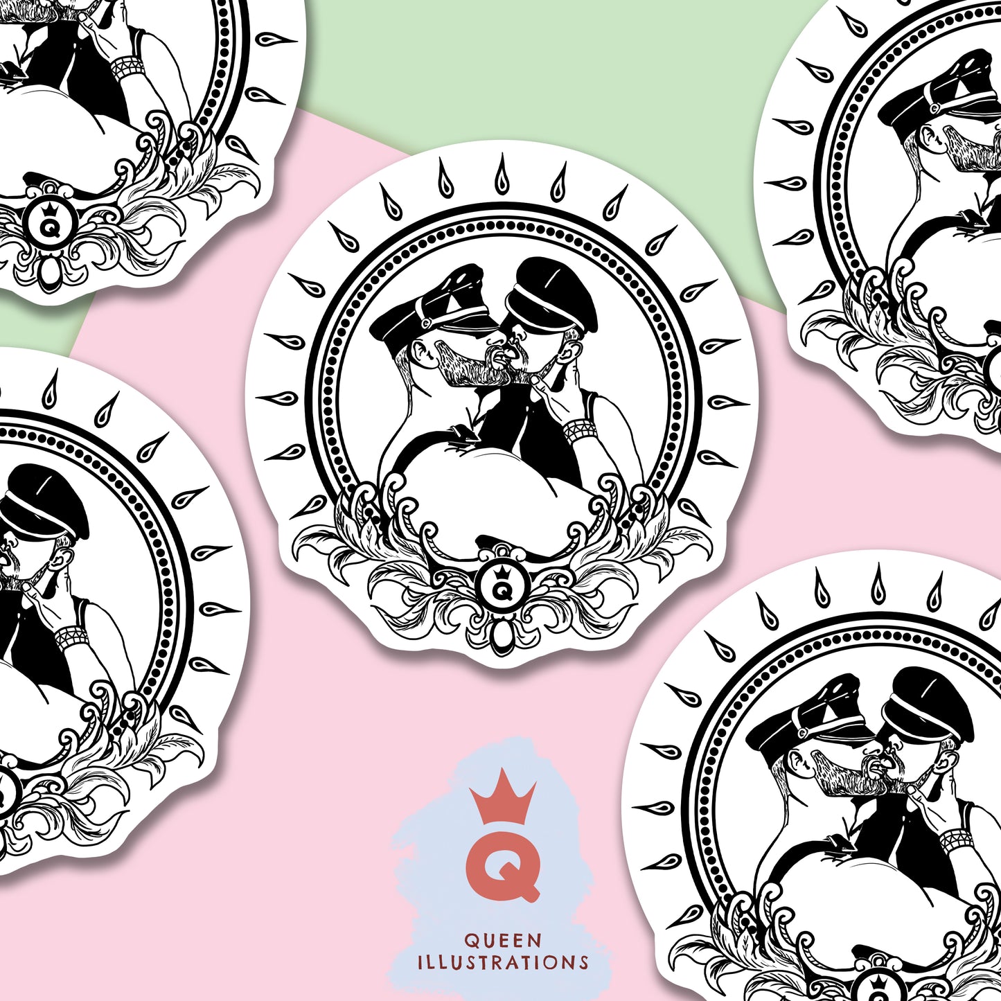 adult gay sticker with leather guys kissing