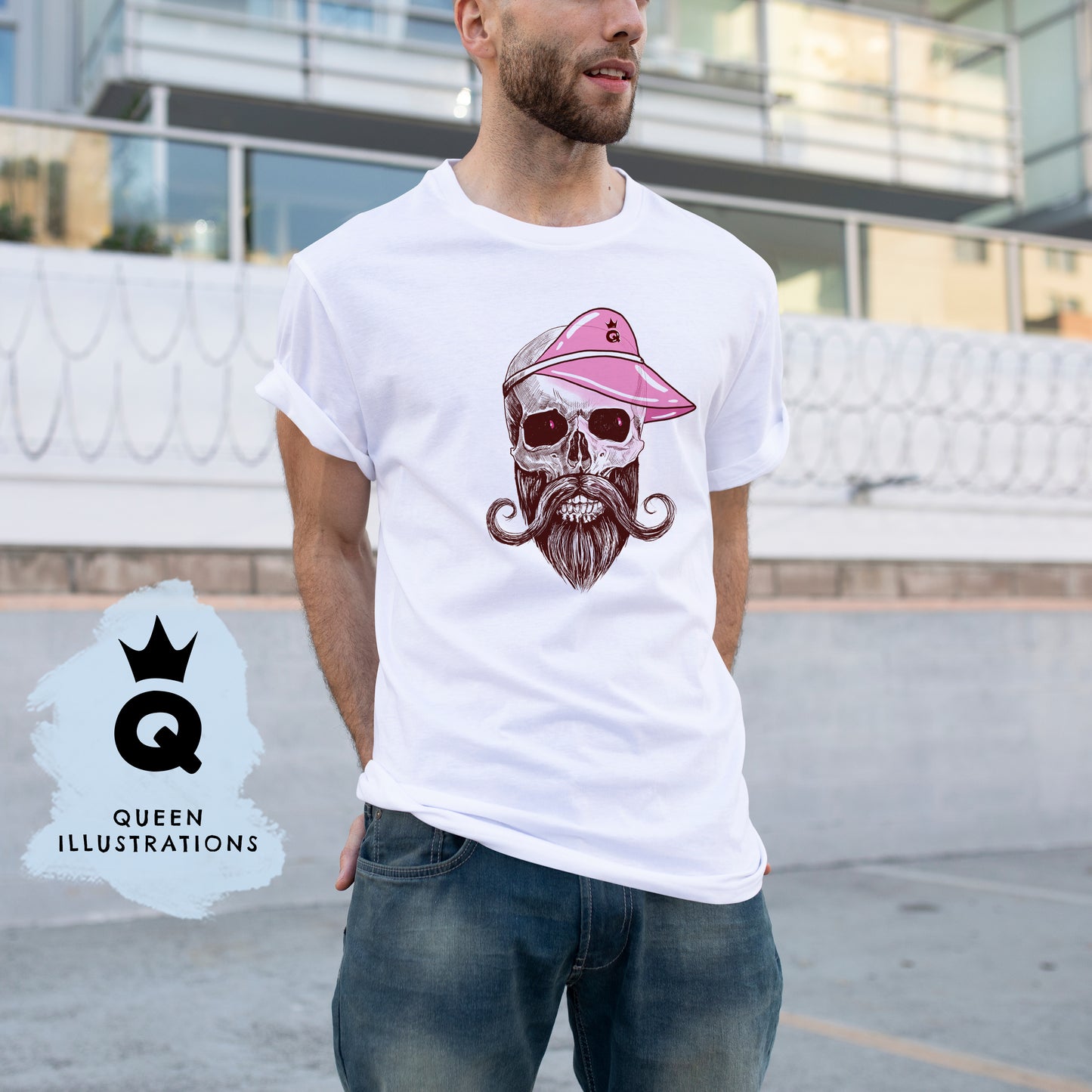 hipster skull with pink visor, fun gay T-shirt, Gay Pride outfit