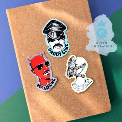Daddy, Mr. Wrong and Sneakers sticker pack. Waterproof vinyl stickers, 6.5cm tall. Gay fun gift ideas, Gay stickers