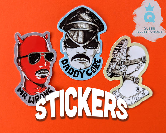 Daddy, Mr. Wrong and Sneakers sticker pack. Waterproof vinyl stickers, 6.5cm tall. Gay fun gift ideas, Gay stickers