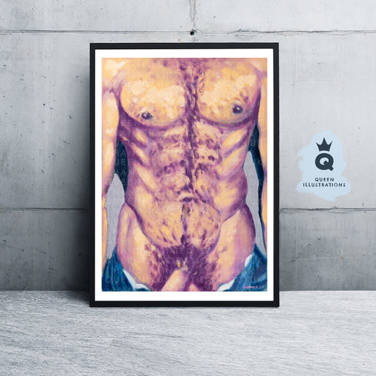 "6 PACK BOY", contemporary oil painting of a young naked man - Homoerotic Art Print