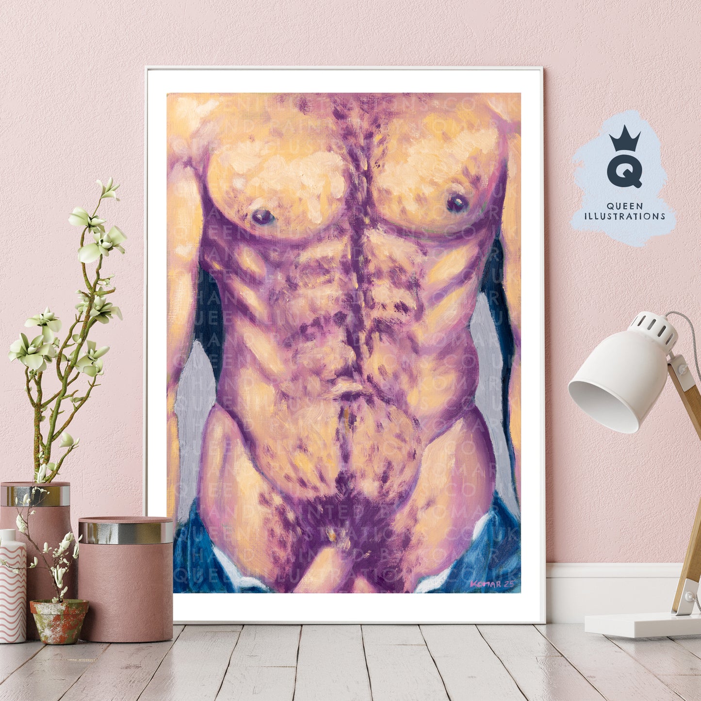 "6 PACK BOY", contemporary oil painting of a young naked man - Homoerotic Art Print