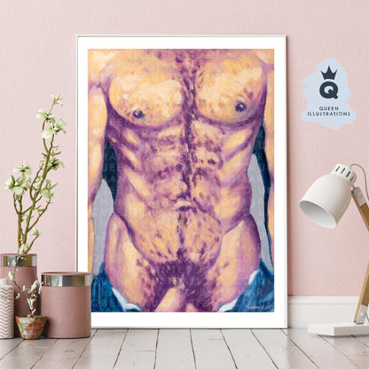 "6 PACK BOY", contemporary oil painting of a young naked man - Homoerotic Art Print