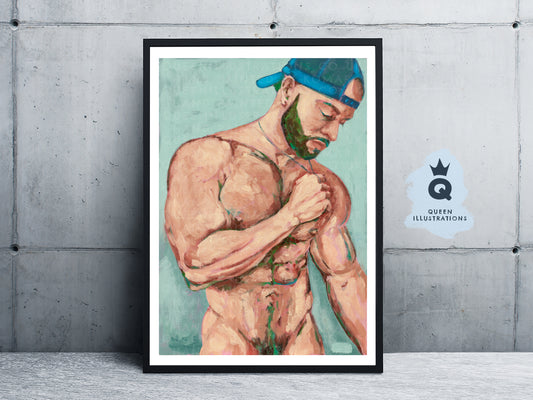 "BLUE CAP"  oil painting of naked man