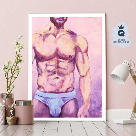 "BLUE PANTS", contemporary oil painting of a young naked man,