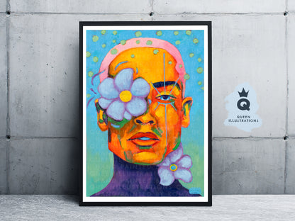 "BLUE POPPY" Romantic, fantasy portrait of a young man with blue poppy flowers.