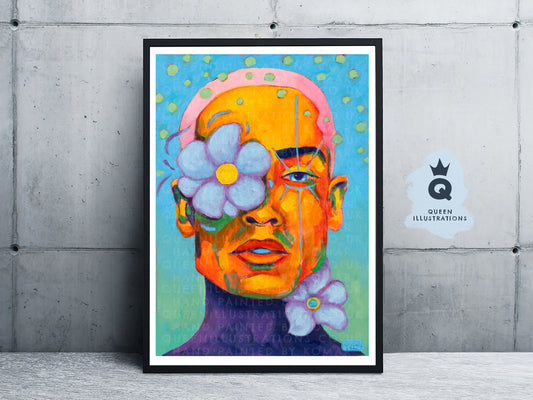 "BLUE POPPY" Romantic, fantasy portrait of a young man with blue poppy flowers.