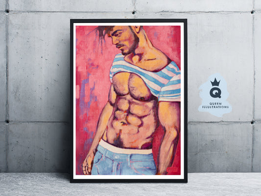 "BLUE STRIPES" oil painting of a sexy naked man,