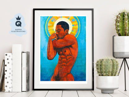 "BOY IN RED", contemporary oil painting of  of a black young naked man
