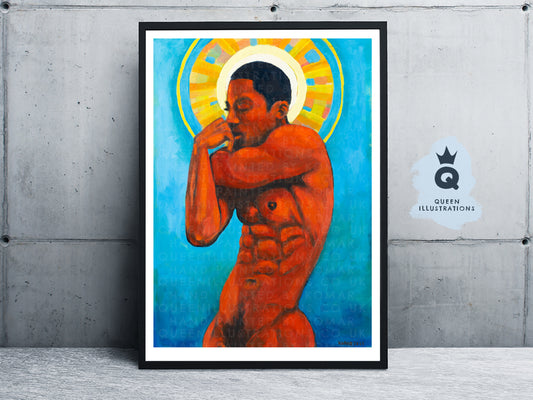 "BOY IN RED", contemporary oil painting of  of a black young naked man