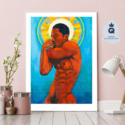 "BOY IN RED", contemporary oil painting of  of a black young naked man