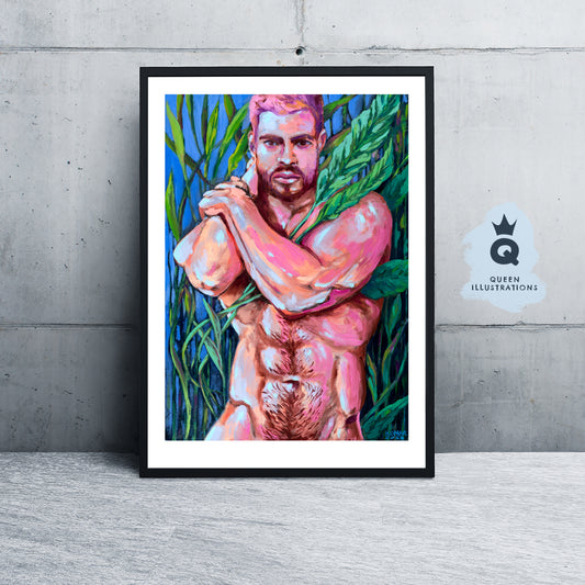 BOY WITH PLANTS , contemporary oil painting of a young man - Homoerotic Art Print