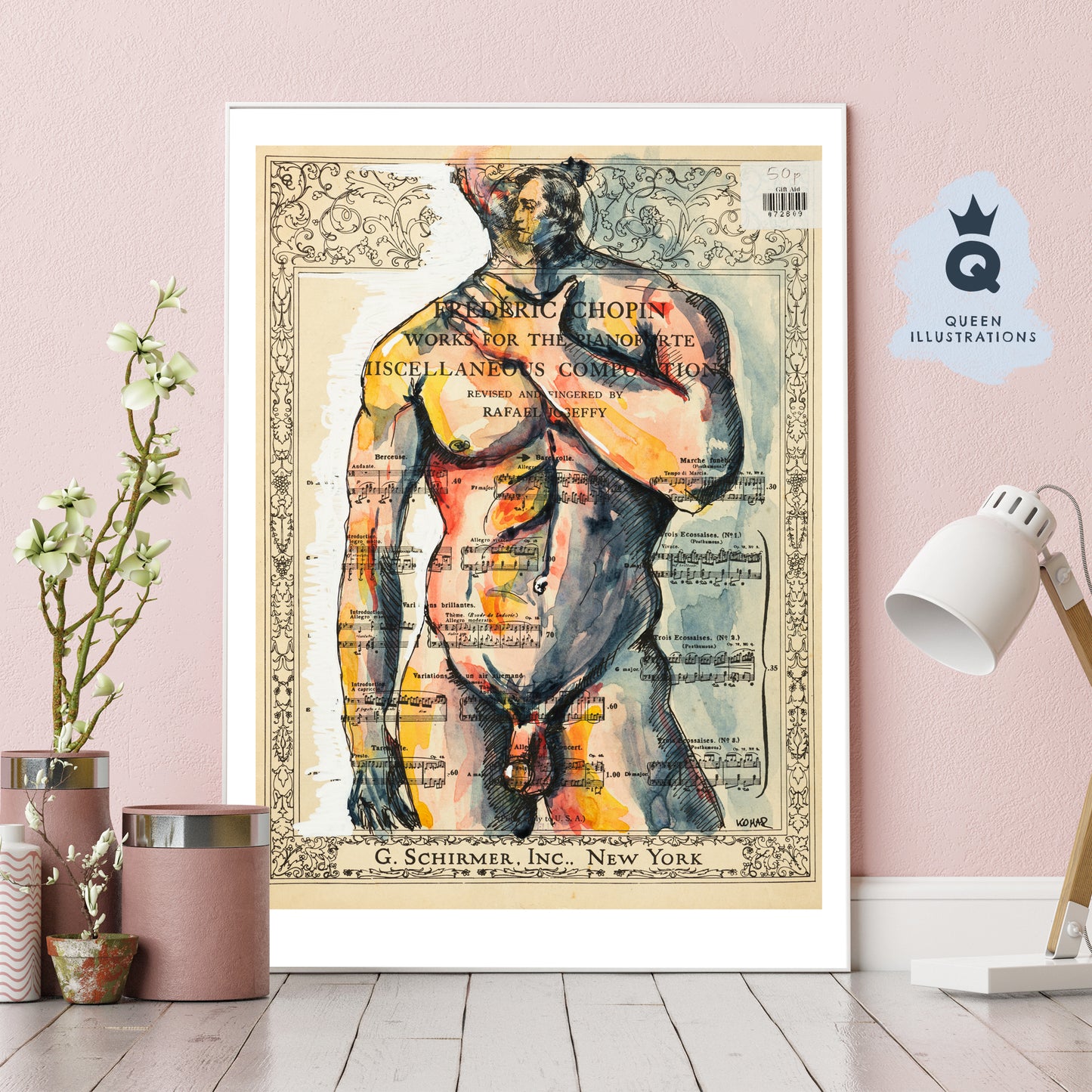 gay art, nude male body, watercolour painting, gay gift ideas,