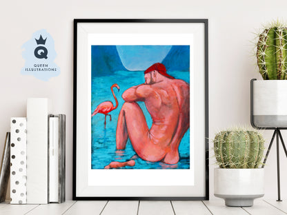 "FLAMINGO BOY", contemporary oil painting of a young naked man - Homoerotic Art Print
