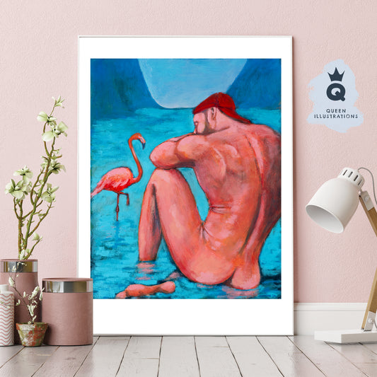 "FLAMINGO BOY", contemporary oil painting of a young naked man - Homoerotic Art Print