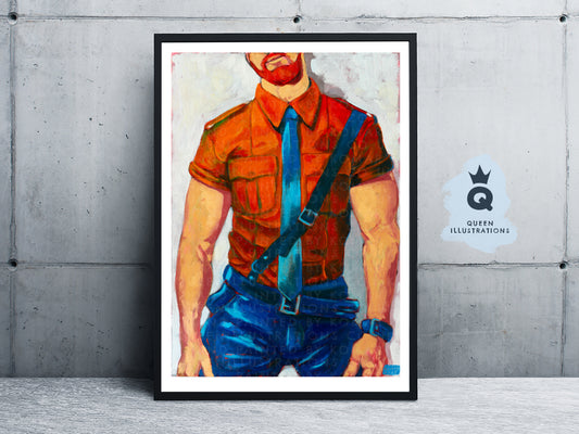 "GINGER WOLF" oil painting of a ginger man wearing an orange uniform