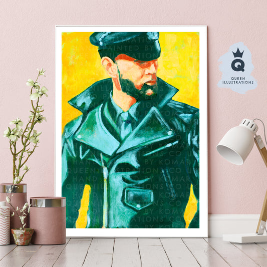 "GREEN LEATHER BOY", oil painting of a man wearing a green uniform