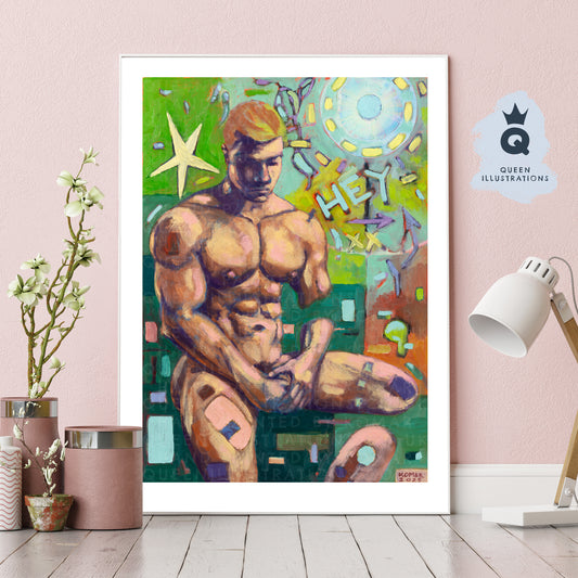 "HEY", contemporary oil painting of  of a young naked man