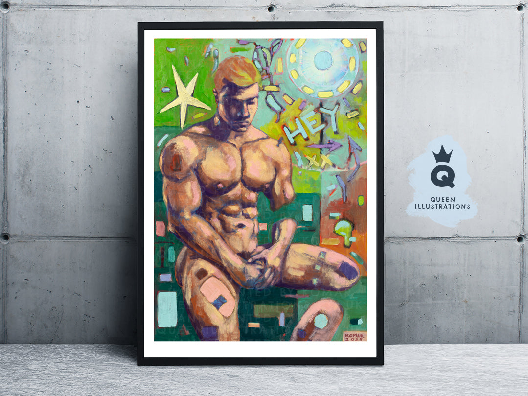 "HEY", contemporary oil painting of  of a young naked man