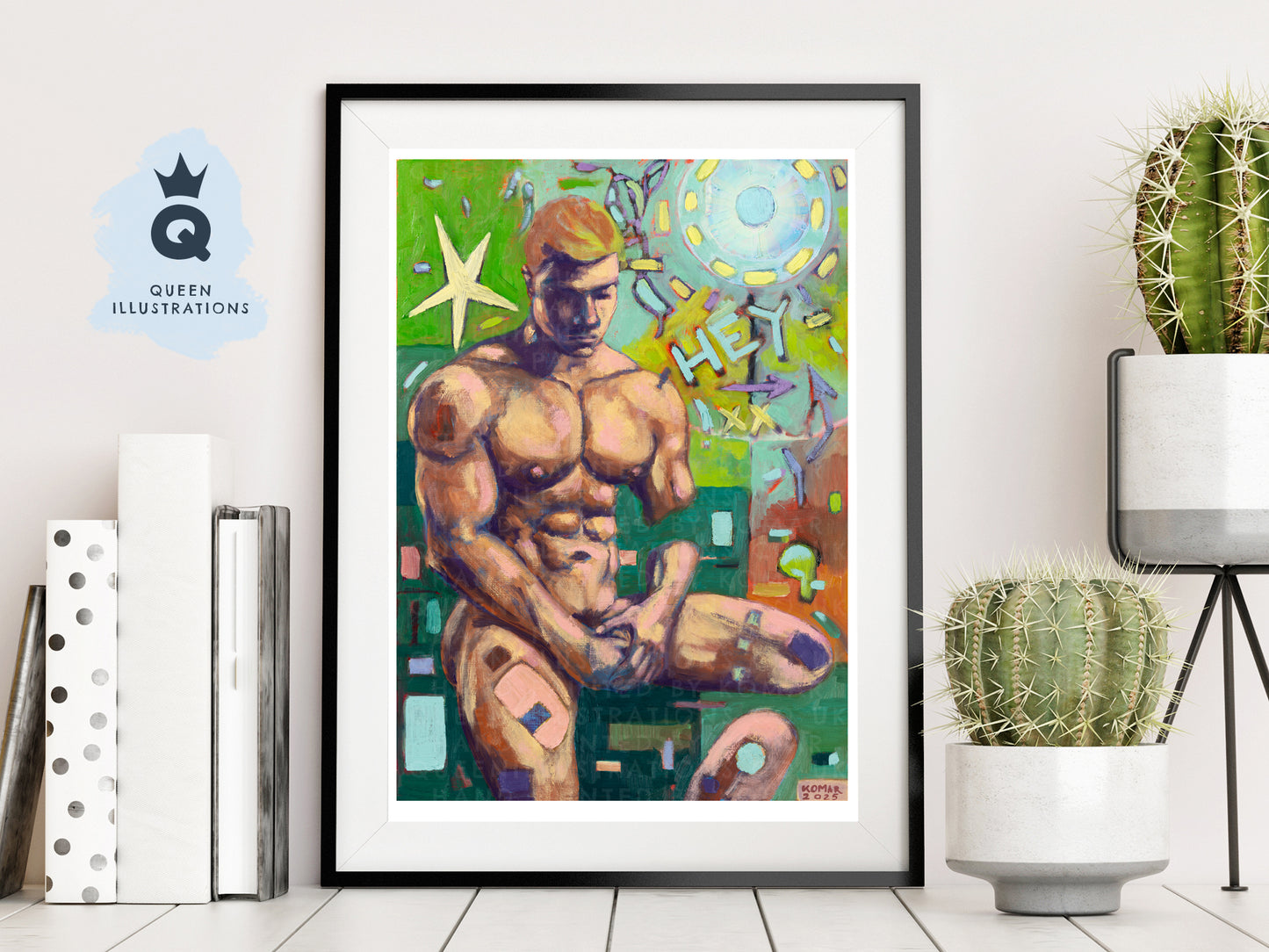 "HEY", contemporary oil painting of  of a young naked man