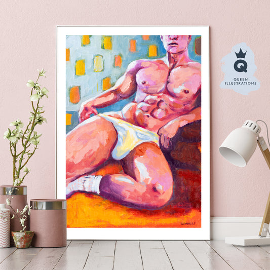 "IN MY BED" oil painting of a young sexy naked man- Homoerotic Art Print