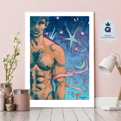 "IN THE NIGHT" oil painting of a young sexy naked man- Homoerotic Art Print